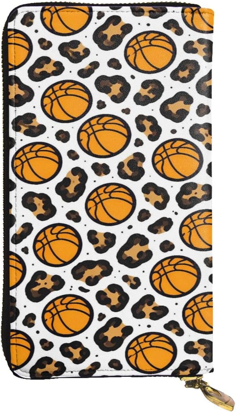 Fun Leopard Print Basketball Hand Held Wallet with Zipper Leather Waterproof Unisex