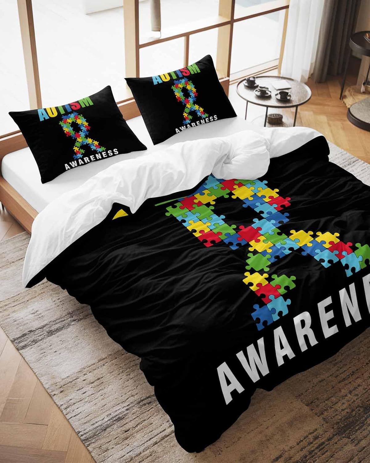LooPoP Duvet Cover Set Twin Size Autism Awareness Comforter Sets 3 Pieces, Colorful Puzzles Blocks Bedding Set with Zipper Closure and 2 Pillow Cases, Soft Lightweight Bed Covers Bedroom Decor