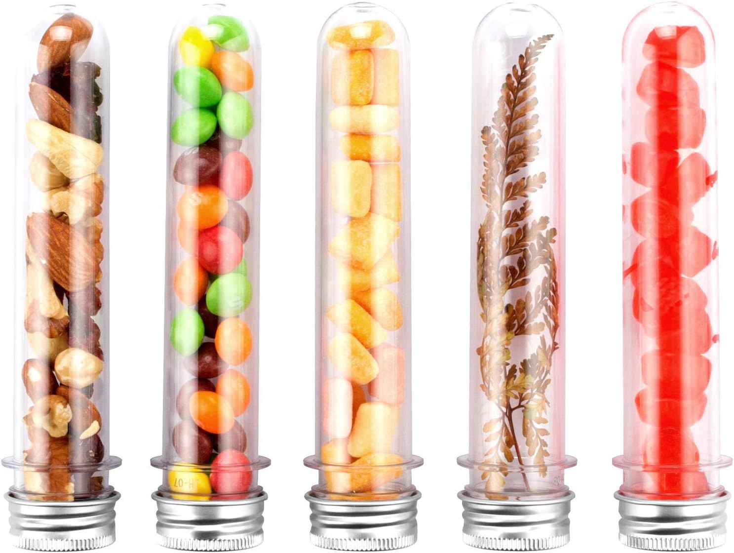 ASelected 60PCS 45ML Clear Plastic Test Tubes with Caps for Candy Storage | Test Tubes with Aluminum Caps Provide a Secure Seal, Lightweight, Reusable and Resistant to Breaking, Easy Portability
