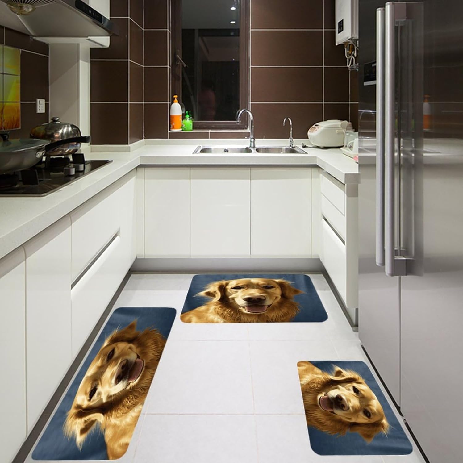 Golden Dog Kitchen Rugs Sets of 3 Washable Non Slip Kitchen Rug Water Resistant Carpet Piece Anti Fatigue Kitchen Mats Soft Comfort Standing Mat Modern Area Rug