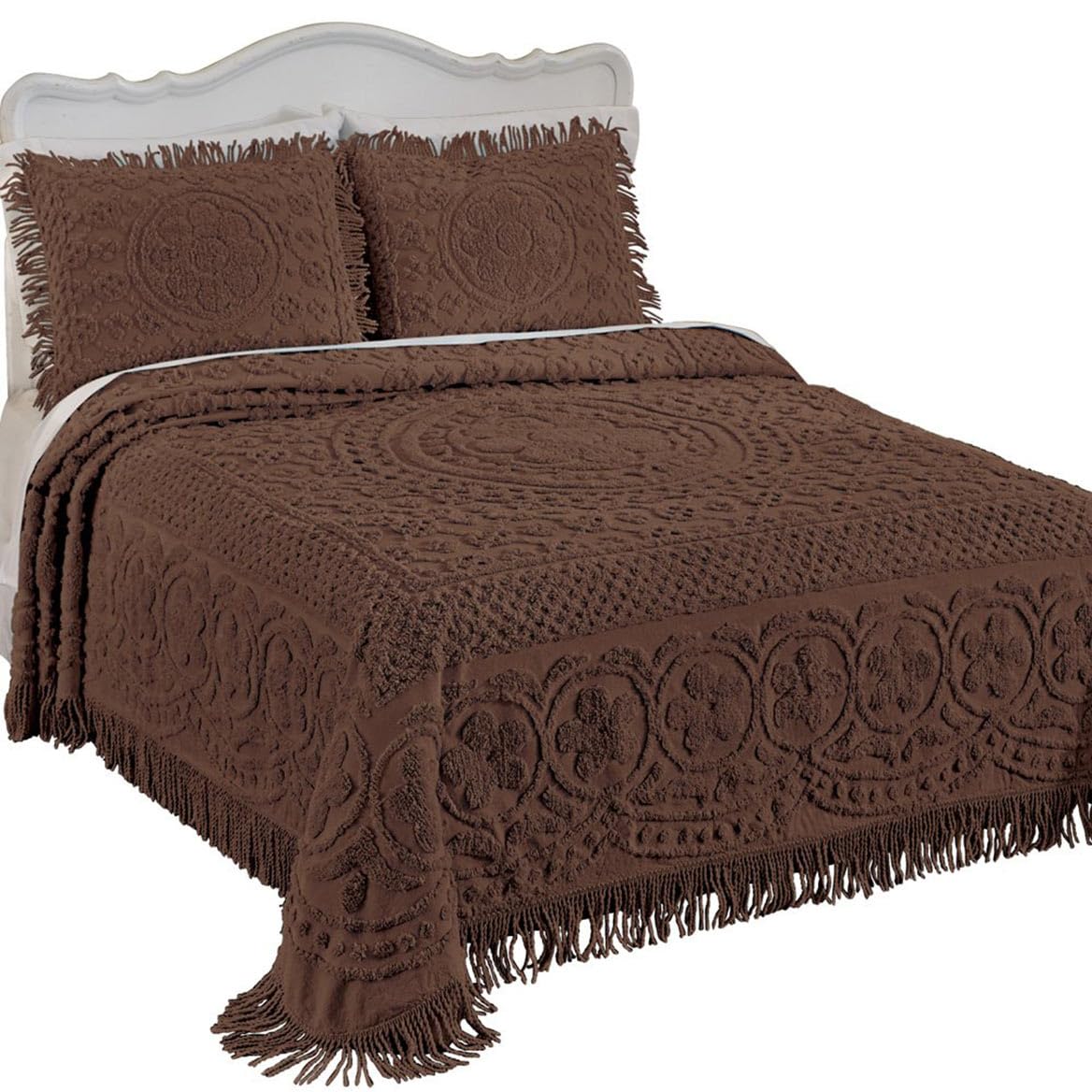 Collections Etc Calista Fringed Chenille Bedspread in chocolate | Mubboo