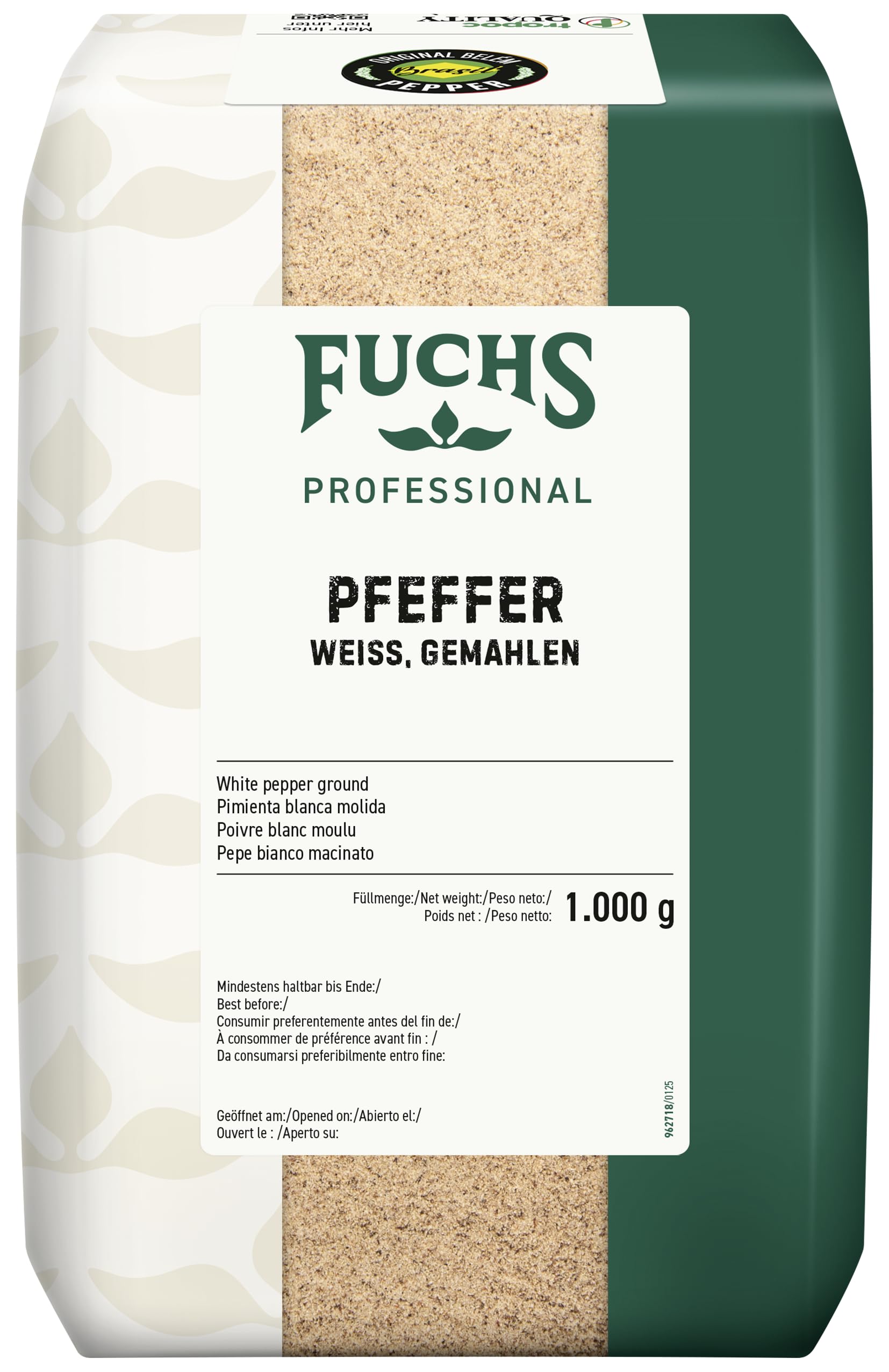 Fuchs Professional - Pfeffer weiß gemahlen | Warm-würziges Aroma zum Abschmecken von Gerichten | Profi-Qualität für Großverbraucher und Gastronomie | 1 kg im recyclebaren Beutel