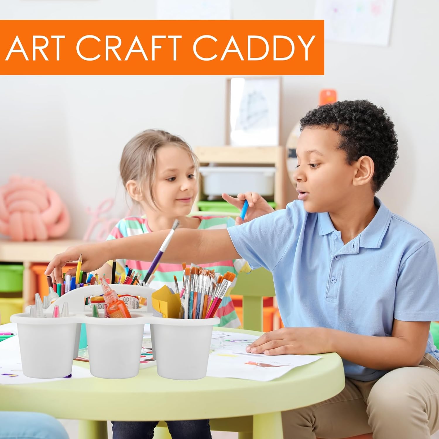 ALINK 6 Pack Classroom Caddy Storage Basket with Handle, Plastic Drink Cup Caddy Holder, 6 Compartments for Kids, Table, Office, Arts, Crafts, Crayon, Marker, Pencil, School Supplies - White