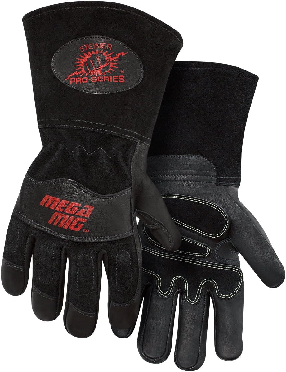 Steiner 0235-M Pro-Series MegaMIG Cotton Lined Heavyweight Grain Goatskin and Split Cowhide Back MIG Welding Gloves with 4.5" Cuff, Medium