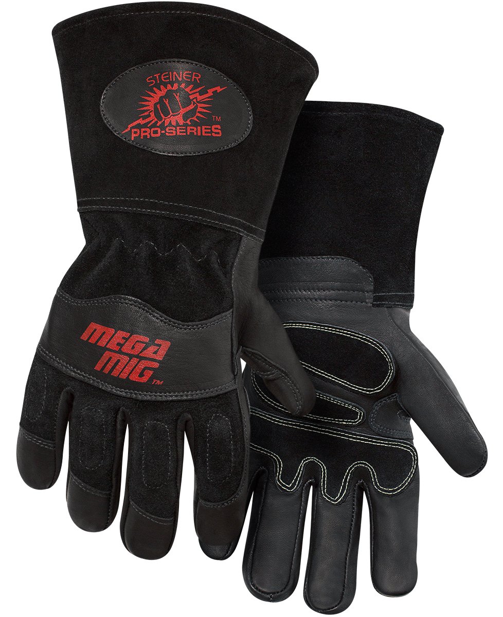 Steiner 0235-X Pro-Series Megamig Premium Grain Goatskin & Split Cowhide Back MIG Welding Gloves, Cotton Lined, Long Cuff, Black, X-Large