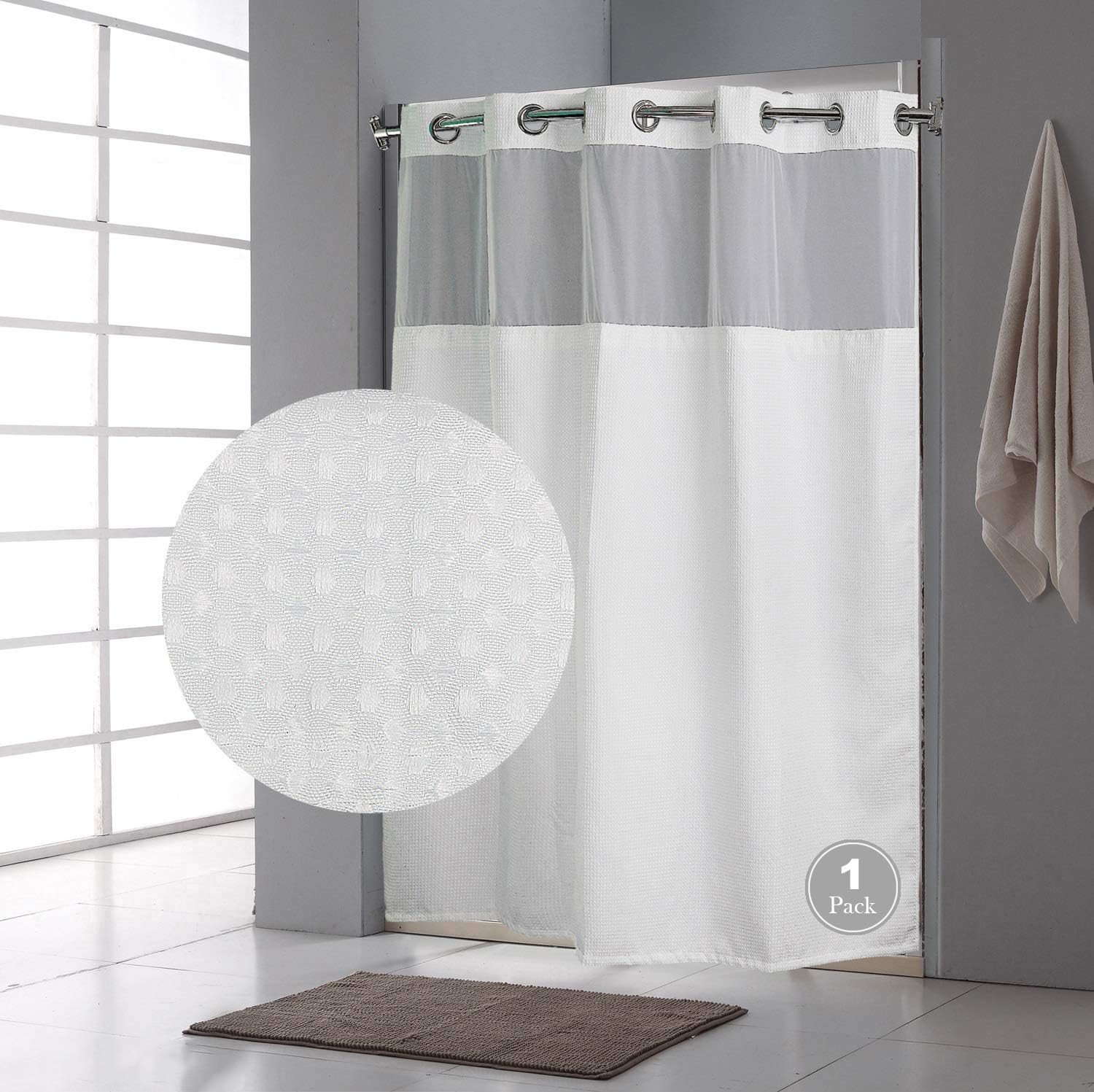 Shower Curtain with Snap in Liner 2 Packs 71x77 Inch Waffle Pattern Fabric Water Resistant