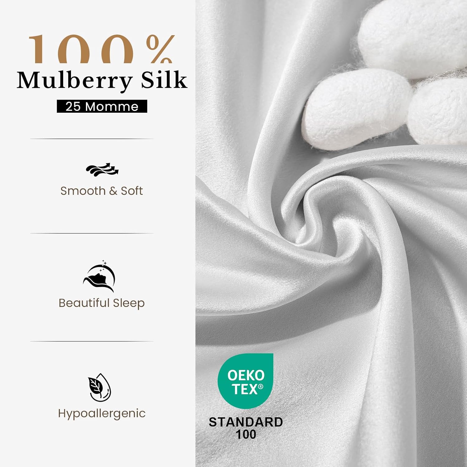THXSILK 100% Mulberry Silk Pillowcase for Hair and Skin, 25 Momme Silver Silk Pillow Cover with Hidden Zipper, Gift Box, Soft Breathable Smooth Organic Silk Pillowcase(Silver, Queen 20"x30")