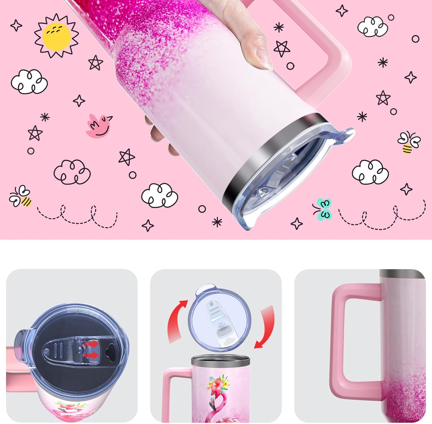 Flamingo Gifts 40 Oz Tumbler with Handle and Lid Straw, Pastel Aesthetic Stainless Steel Double Walled Vacuum Insulated Cup, Flamingo Lover Birthday Gifts for Women Girls (1 PC) - Image 5