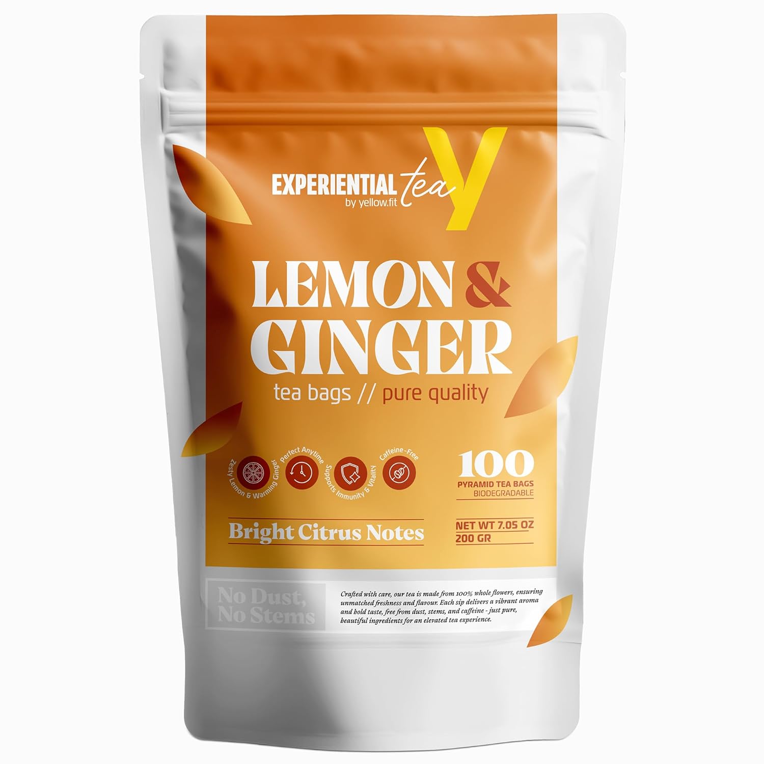 Yellow.fit Ginger Lemon Herbal Tea Bags – 1500mg Loose Leaf Tea Bags, Caffeine-Free Herbal Tea with Ginger Root & Lemon Peel, Plant-Based Tea Bags, 100 Count
