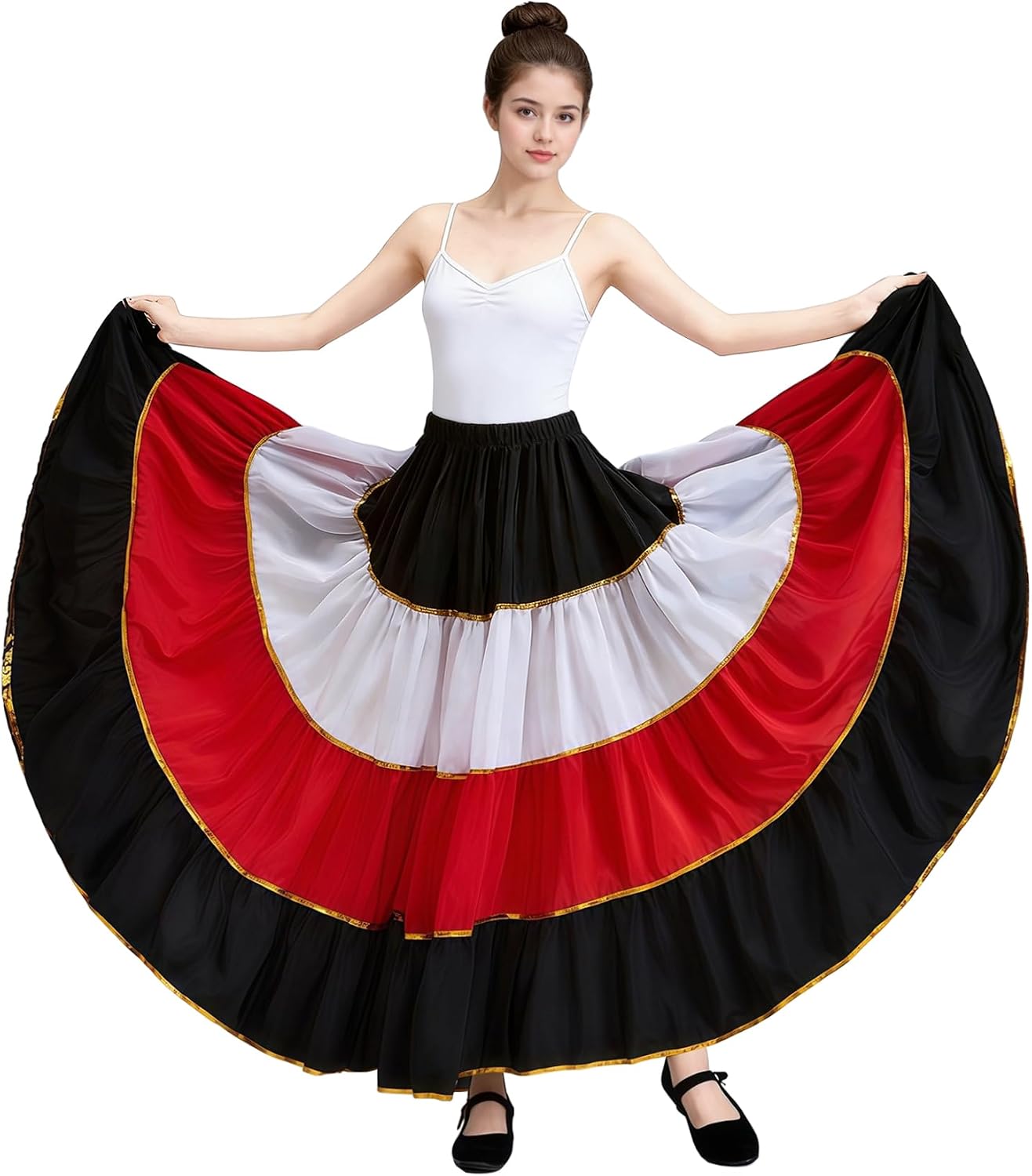 Women's Color Splice Swing Long Skirt for Lyrical Belly Folkloric Mexican Dance & Flamenco Dance Skirt