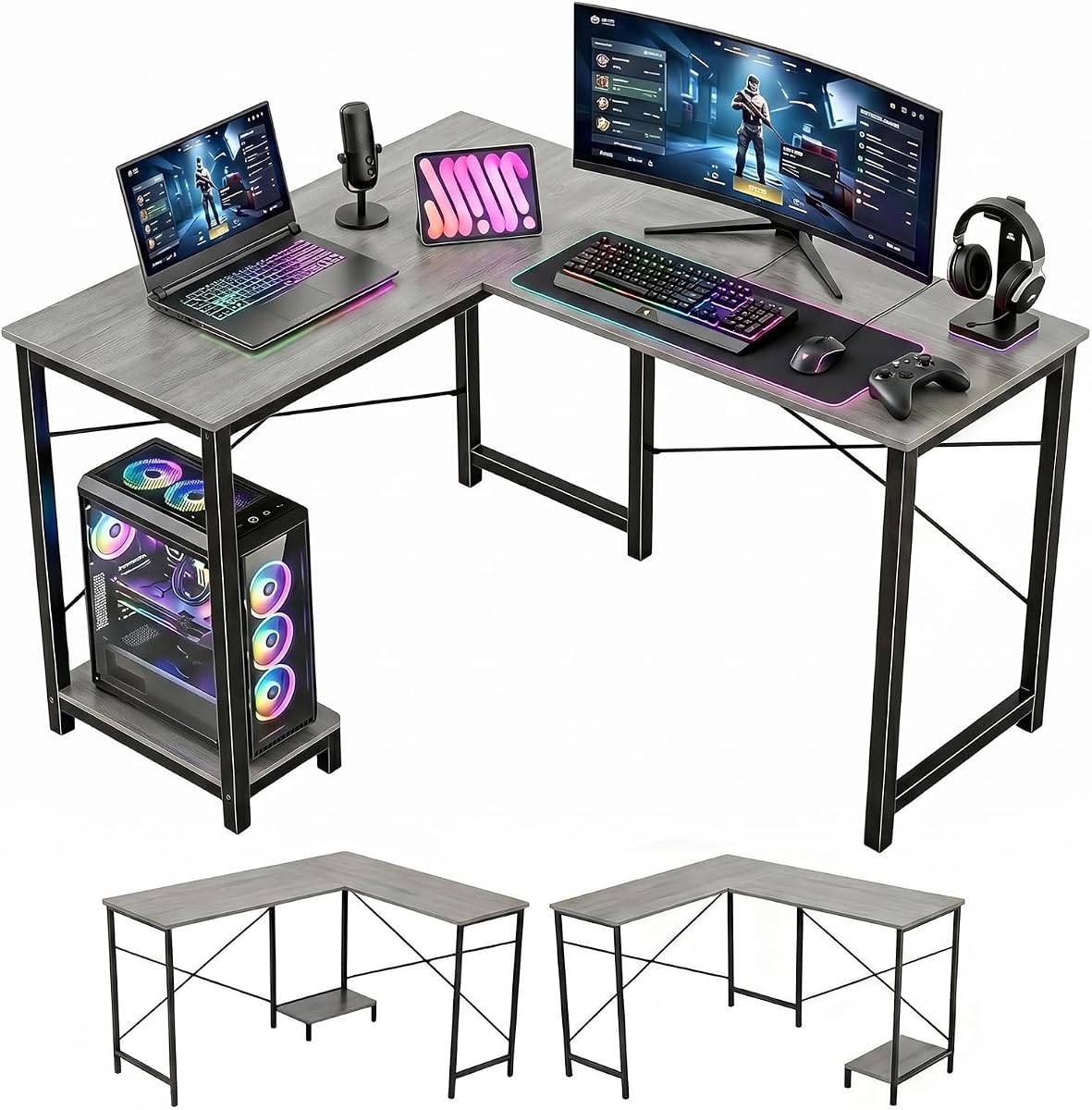 L Shaped Desk, 50 Inch Reversible Computer Desk Corner Gaming Table with CPU Stand, Sturdy Metal Frame PC Workstation for Home Office | Storage Bag, Grey Corner Gaming Desk, Sturdy Metal Frame, PC Workstation for Home Office
