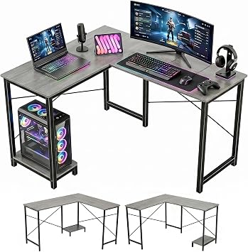 L Shaped Desk, 50 Inch Reversible Computer Desk Corner Gaming Table with CPU Stand, Sturdy Metal Frame PC Workstation for Home Office | Storage Bag, Grey Corner Gaming Desk, Sturdy Metal Frame, PC Workstation for Home Office