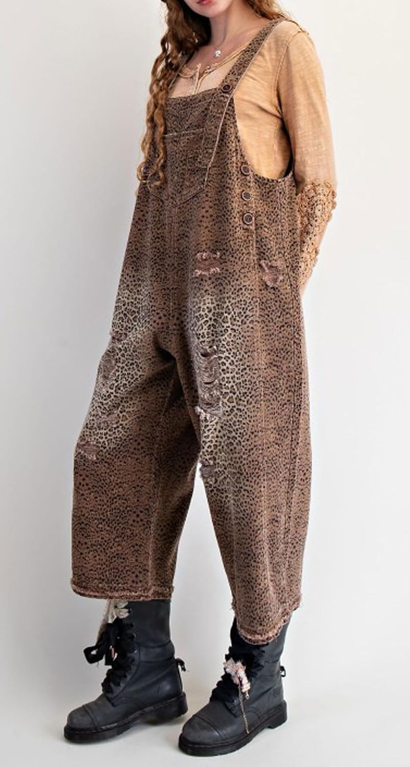 utcoco Women's Leopard Print Denim Overalls Distressed Wide Leg Bib Pants for Casual and Trendy Looks