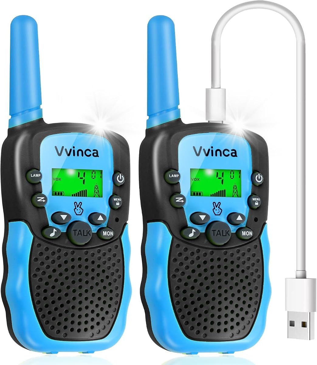 Vvinca Walkie Talkies Juguetes para edades de 5 a 7 años, Walkie Talkie recargable Regalos para niños de 3 a 12 años con linterna 22 canales Radio de 2 vías 3 millas de largo alcance para juegos de aventura Camping Senderismo al aire libre