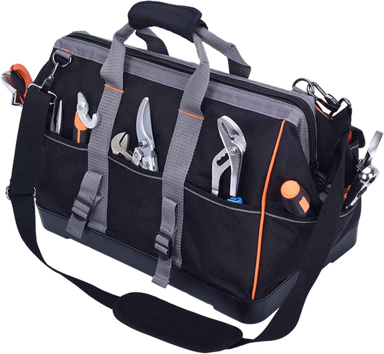 MEIJIA Heavy Duty Tool Bag, Wide Mouth Canvas Tool Organizer with Waterproof Molded Base and Adjustable Shoulder Strap (18")