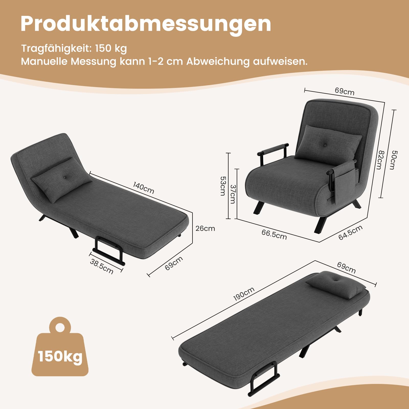 YOUDENOVA Schlafsessel 4 in 1 mit Bettfunktion, Schlafsofa mit 5-Fach Verstellbarer Rückenlehne, Sofa mit Aufhängetasche, Schlafcouch, Gästebett, Klappsofa, 190 × 69 cm, Leinen Dunkelgrau