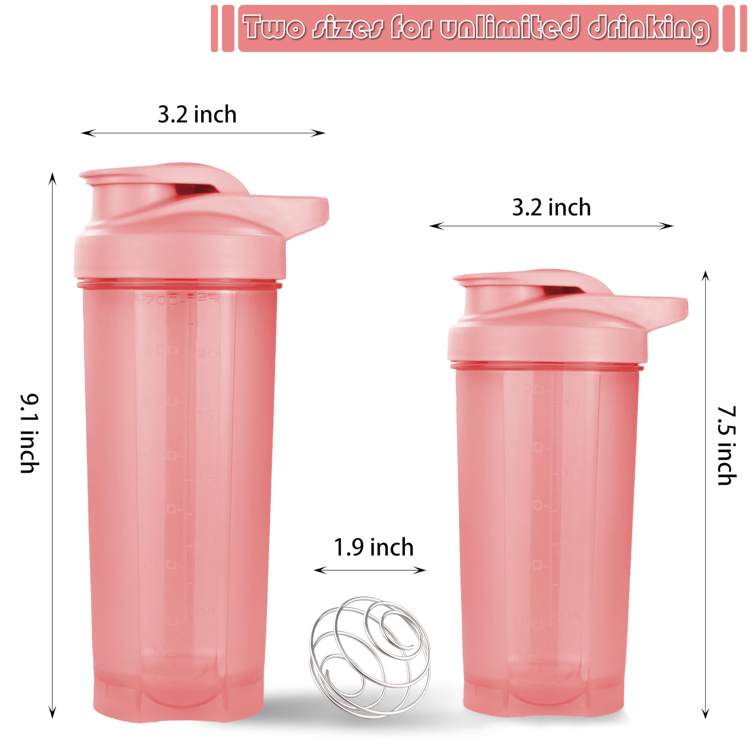 Paquete de 6 botellas mezcladoras de proteínas para mezclas de proteínas, vasos mezcladores para batidos de proteínas, 3 piezas de 24 onzas y 3 piezas de 20 onzas (rosa)