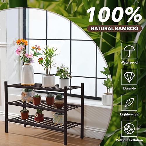 Miniatura 6 de Zapatero de bambú de 3 niveles para armario, organizador multifuncional apilable de pie para espacios pequeños, entrada, pasillo, baño, 27 x 11 x 20