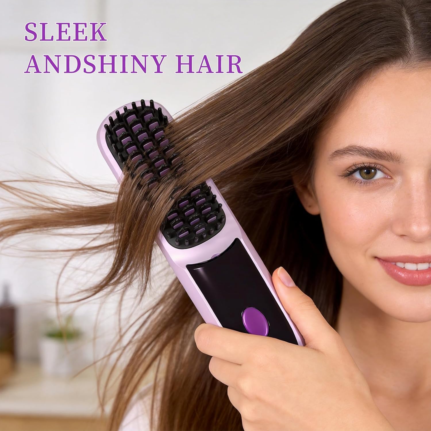 Go Brush Pro 2026, Portable Straightener Brushs for Travel, with LCD Temperature Display, Fast Heating Cordless Mini Hair Brushs (Purple)