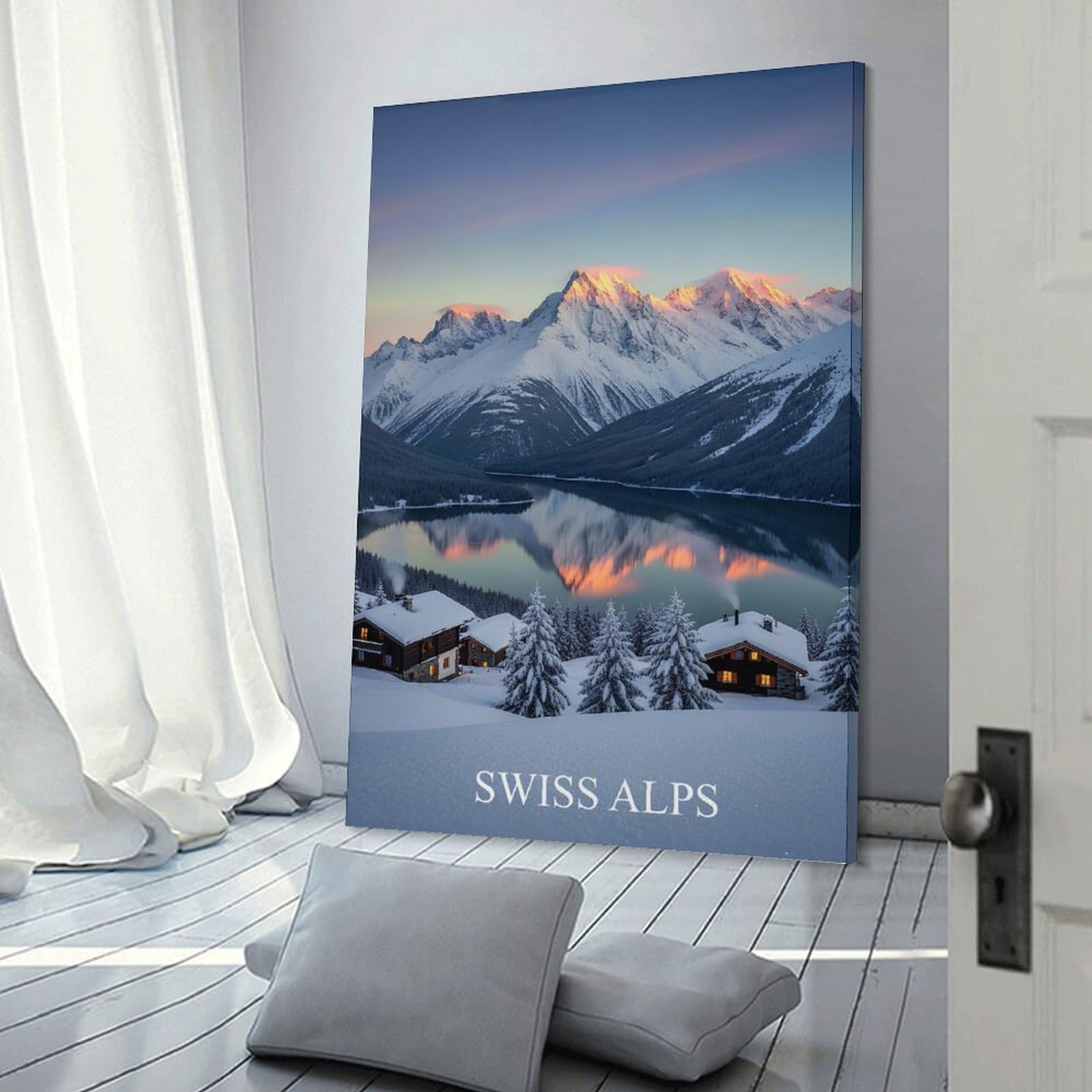 Junmoney Frame-Style-5 Swiss Alps Winter Landscape Room Decor Wall Art, 24X36inch(60X90cm), For Living Room, Lounge Or Sitting Room, A Home Accent With Warm Character