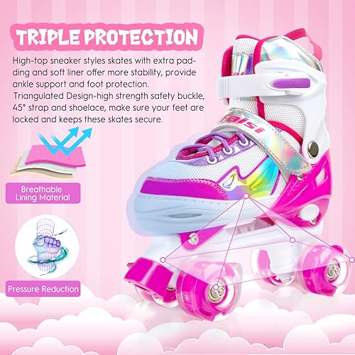 Miniatura 9 de Patines para niñas y niños, negro, rosa, morado, 4 tamaños, ajustables, con ruedas iluminadas y diseño superior brillante, patines para niños