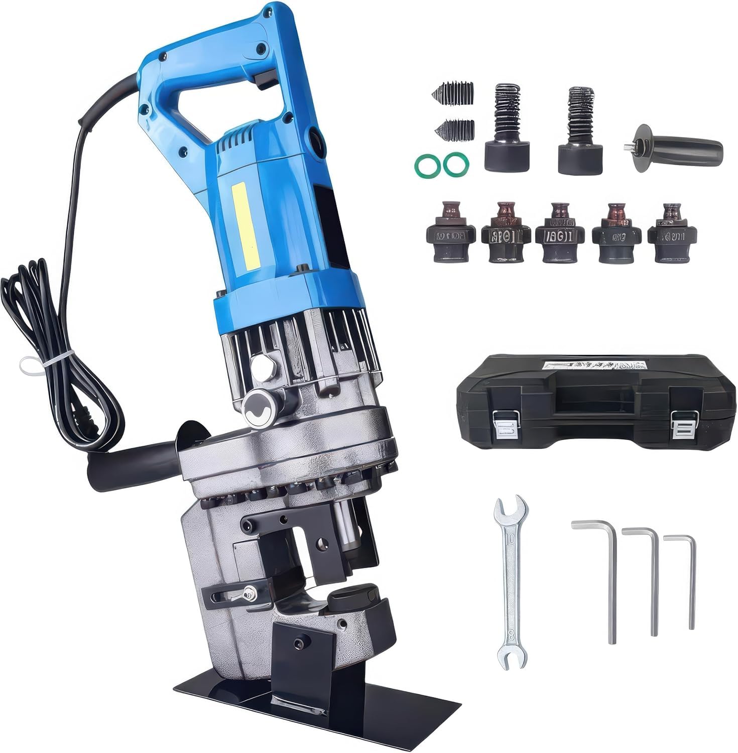 パンチャー 電動油圧 16t｜110V 1800W 電動パンチャー 穴径φ6.5～20.5mm（ダイス5種付）フットスイッチ・収納ケース付 のど深さ50mm 鋼板・銅板・アルミ板・チャンネル・アングル対応