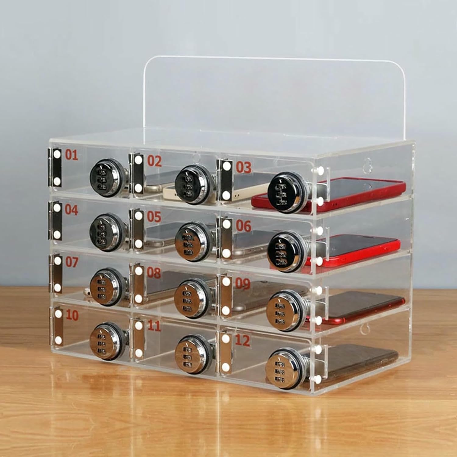 Acrylic Wall Mounted Cell Phone Locker Box with Password Lock Secure Storage Cabinet for Mobile Devices, for Offices Schools and Public Spaces