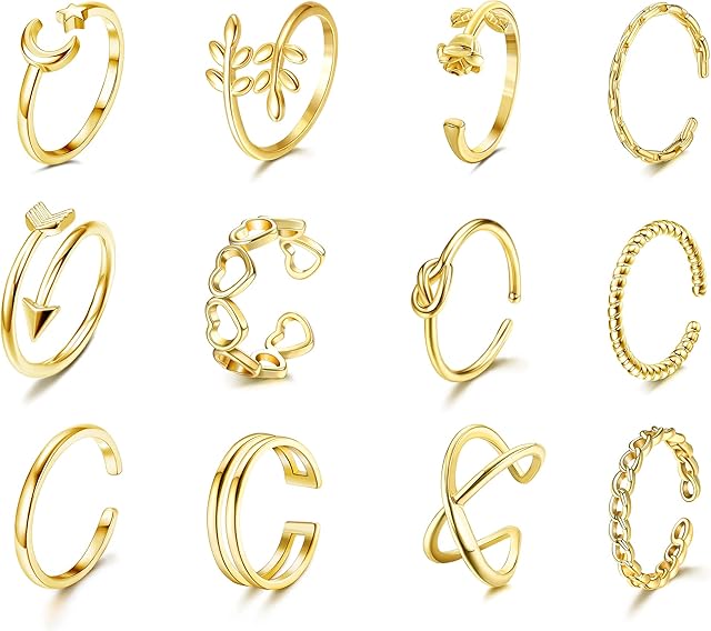 LOLIAS 12PCS Adjustable Rings for Women Open Stackable Finger Joint Thumb Ring Toe Ring Heart Flower Arrow Knot Beach Jewelry Plated Silver Gold Black Girl's Ring Set