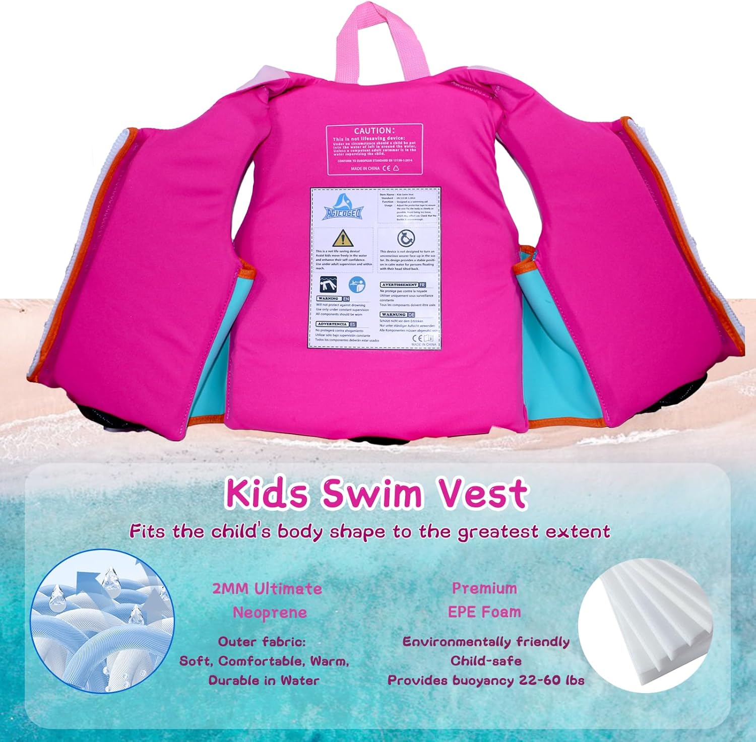 Adjustable Kids Swim Vest for 3-10 Years (24-66lbs), Pool Floats Quick-Dry Learn to Swim Jacket with Safety Locks, Whistle