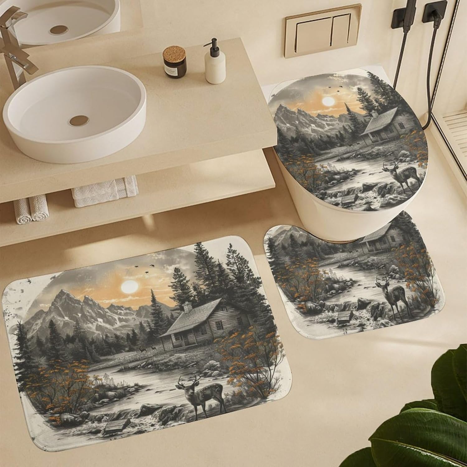 4Pcs Sunset Forest Mountain Shower Curtain Set with Toilet Lid Cover Non-Slip Rugs for Bathroom, Retro Cabin Deer Woodland River Shower Curtain Bathroom Sets with Hooks, 72x72 Inch