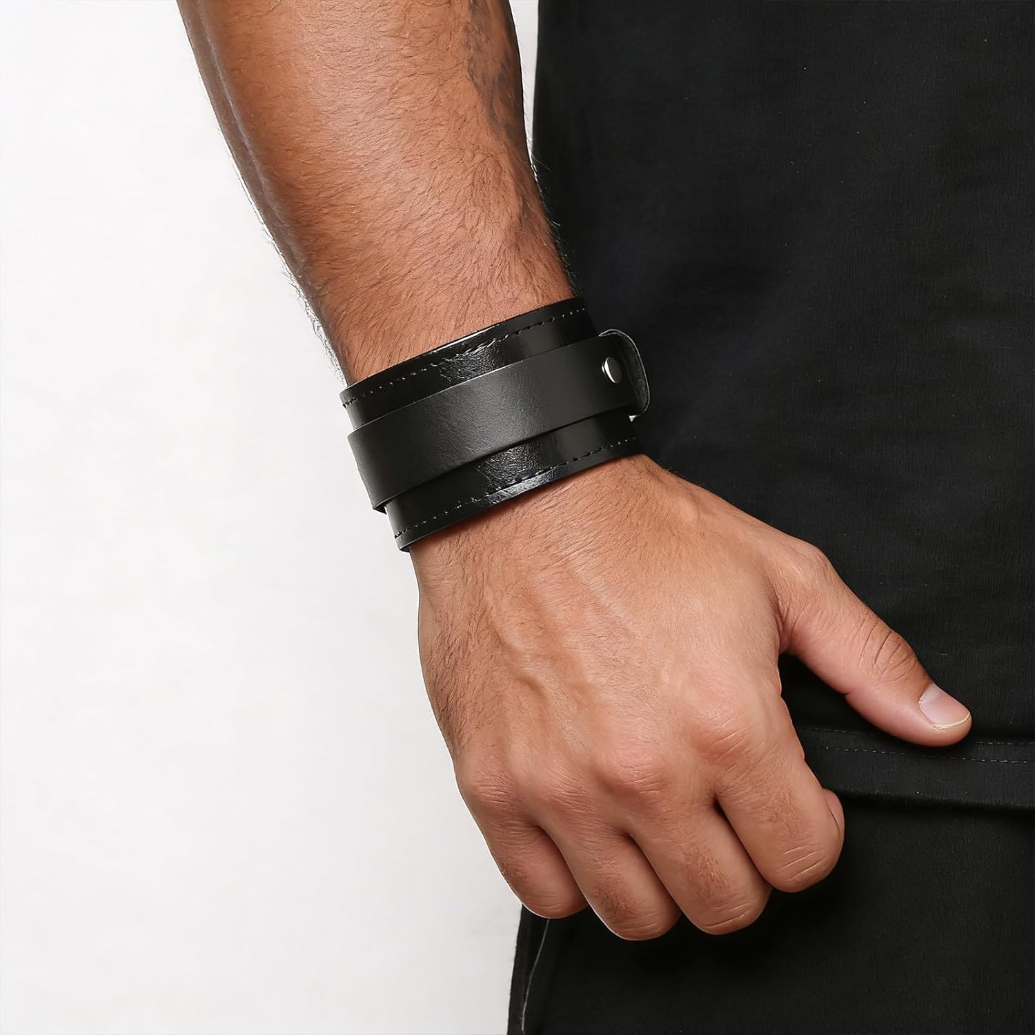 HZMAN Leather Bracelets for Men Gothic Punk Wide Cuff Bracelet Adjustable Handmade Black Leather Wristband Bracelet Jewelry Gift - Image 3