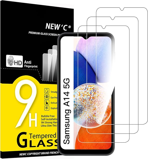 NEW'C [3 sztuki], Ochraniacz Ekranu do Samsung Galaxy A14 5G/4G, M14 5G, Folia ochronna ze szkła hartowanego bez pęcherzyków powietrza, odporność na zarysowania