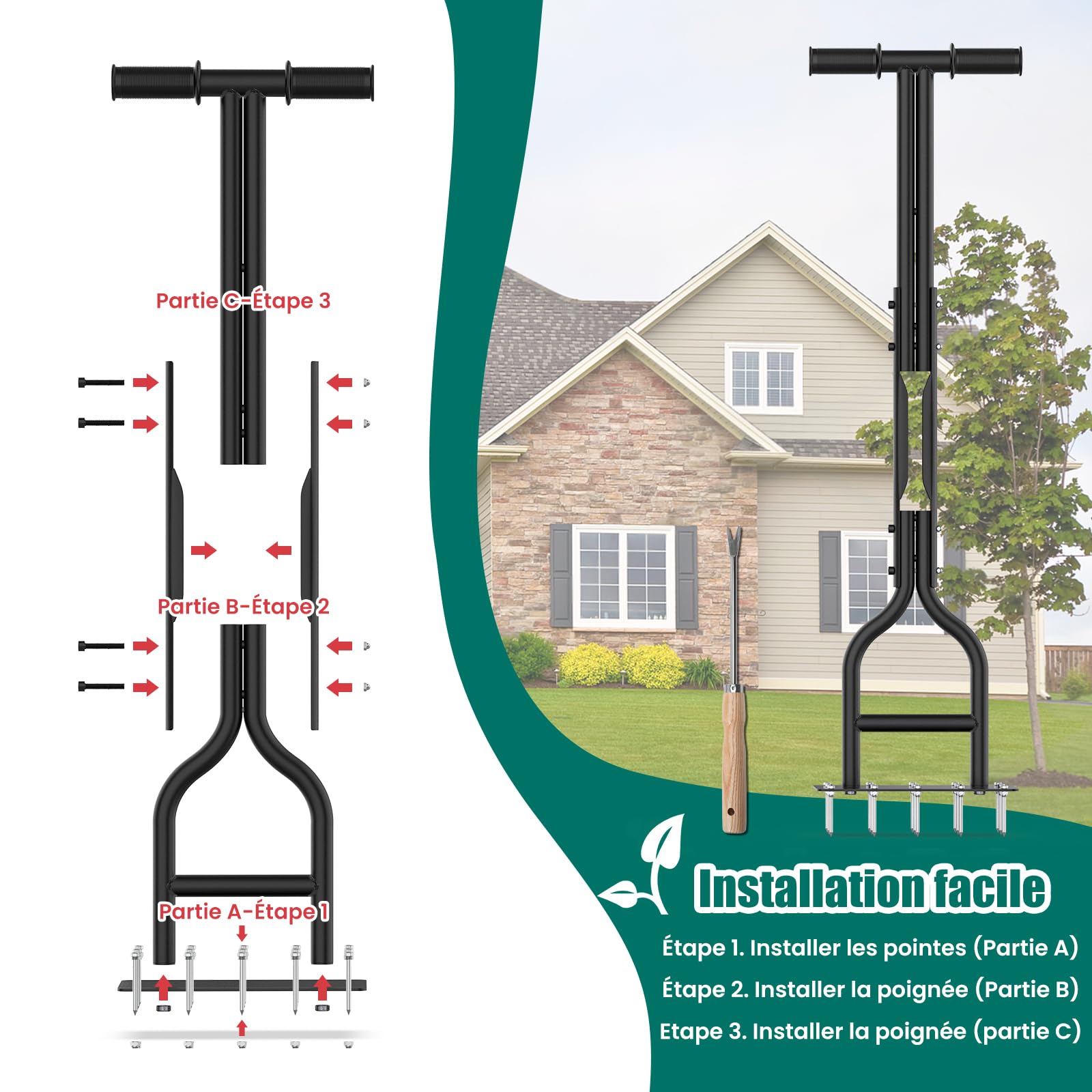 HYCHIKA Aérateur Gazon, 15 Pointes en Acier Solide, Scarificateur Pelouse, Aérateurs de Gazon Manuels, Aerateur Gazon Outils Jardinage