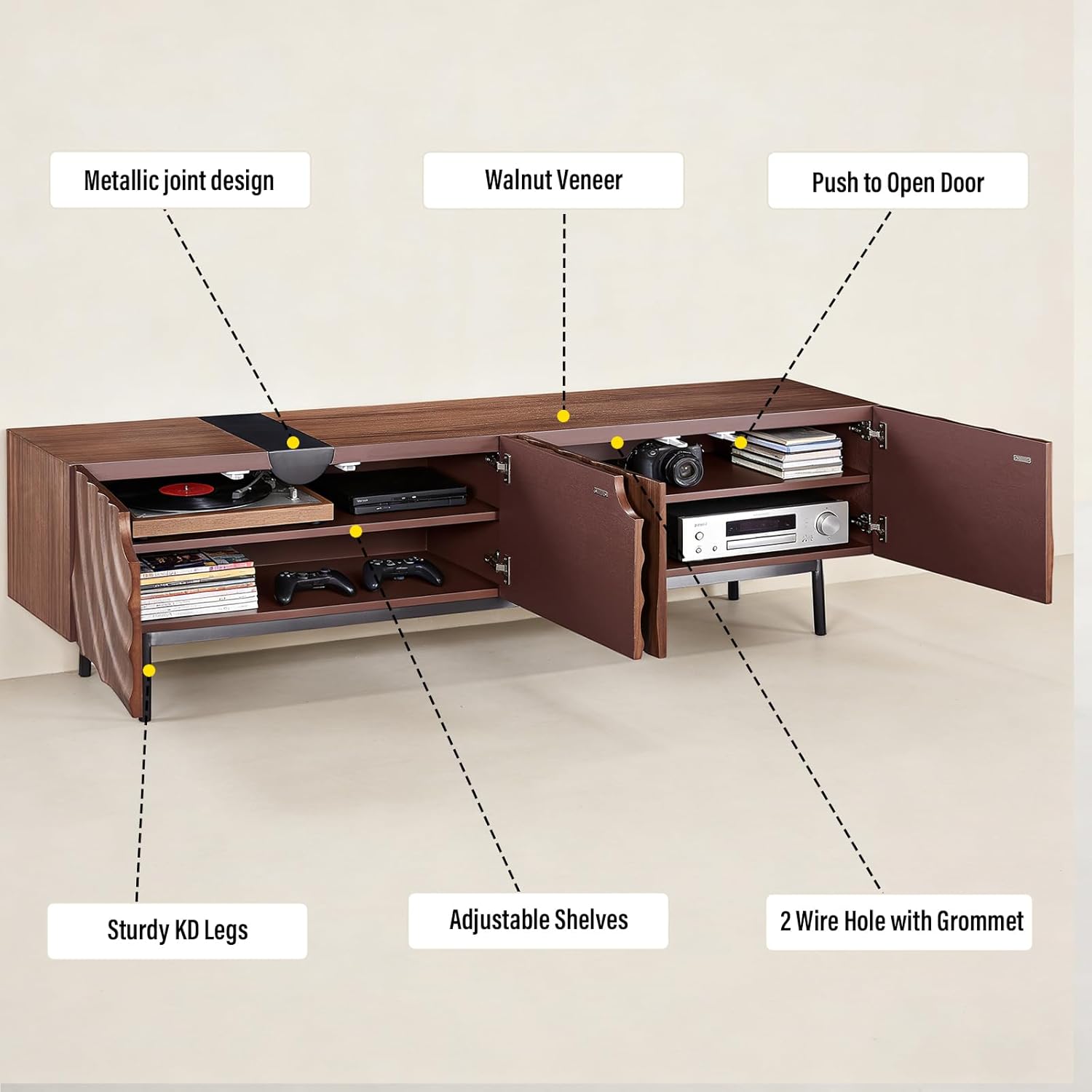 79" TV Stand with Storage for Living Room,Luxury Mid Century Modern Entertainment Center TV Console Table Fits TVs up to 90",TV Media Console Cabinet with Doors & Adjustable Shelves,Metal Legs,Walnut