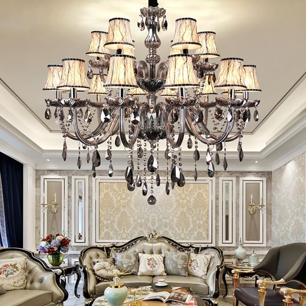 PCXEHUYP European Candle Crystal Pendent Lamp Luxury Living Room Restaurant Villa Hotel Staircase Duplex Building Chandelier (F 18 Lights+lampshades)
