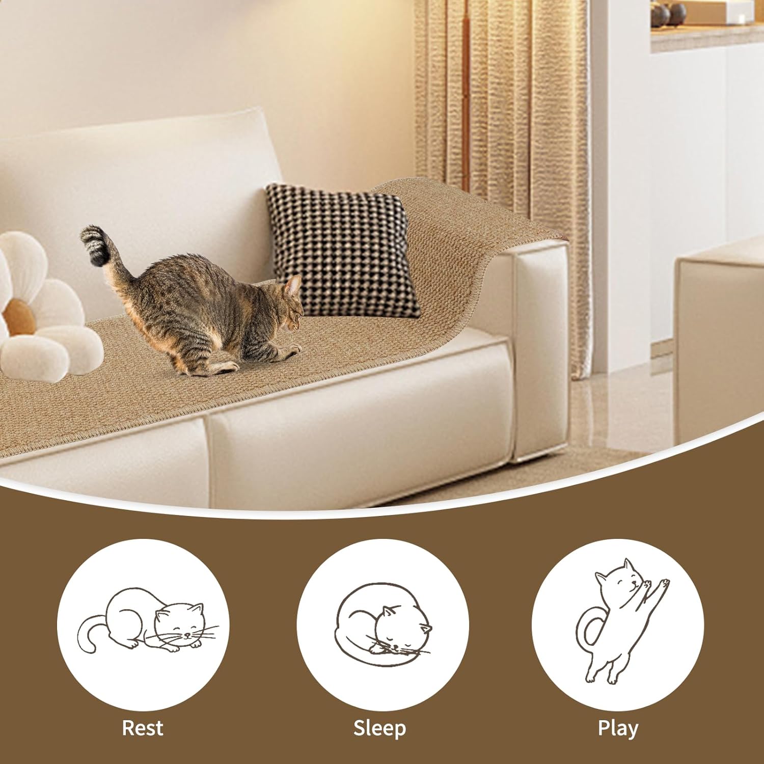FHTONGE 71x15.8 Thickened Cat Wall Climbing Carpet with 16 Fixed Nails, Extra Large Tall Cat Scratch Pad for Wall, Wall Mounted Climbing Cat Scratcher for Furniture Couch Sofa Protector(Camel)