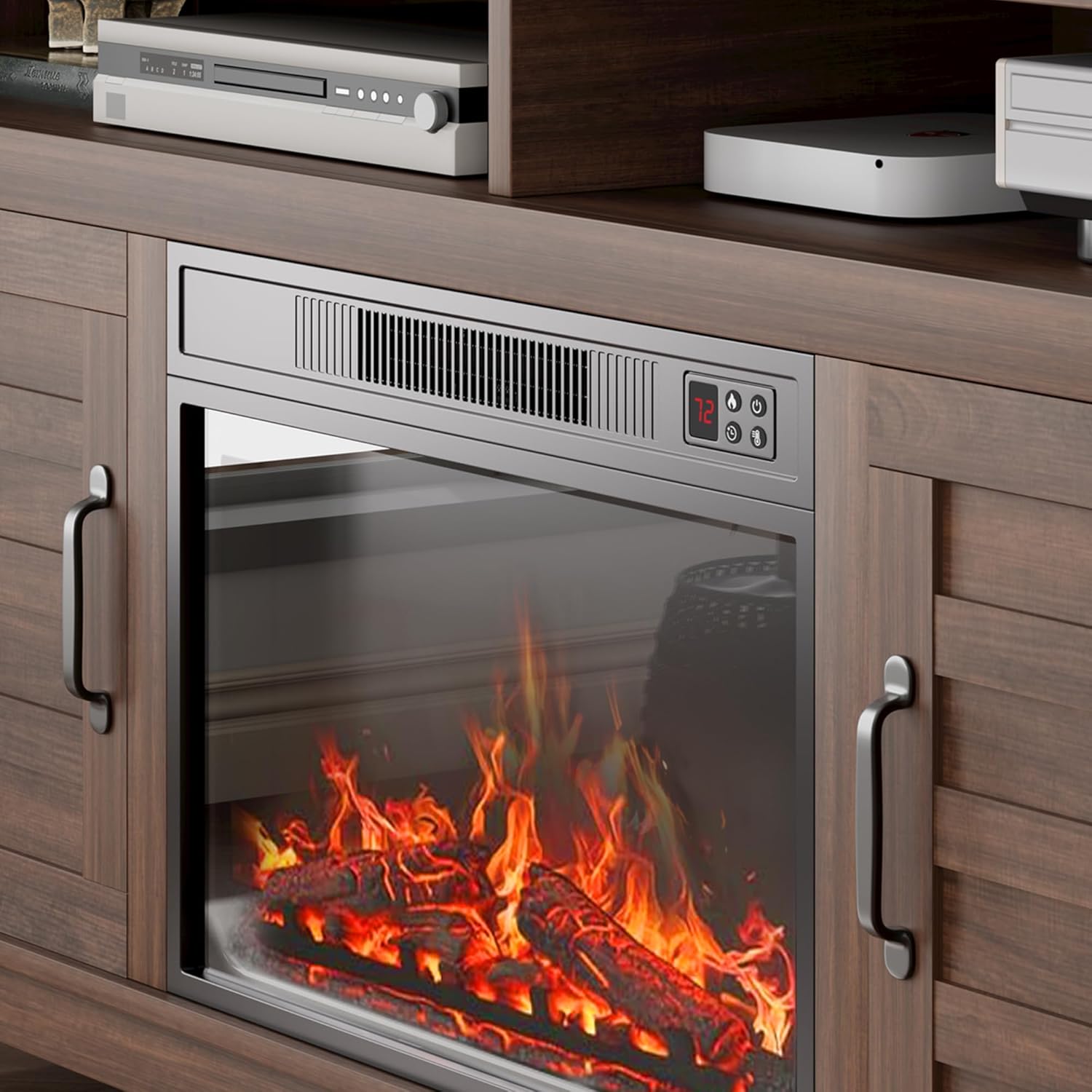 Garvee 63" Fireplace TV Stand, Entertainment Center with Electric Fireplace, Farmhouse TV Stand with Cabinet Doors,for Living Room, Bedroom, Brown