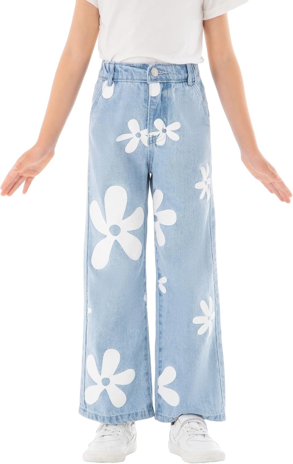 Floerns Girls Floral Print High Waist Wide Leg Loose Fit Jeans Denim Pants