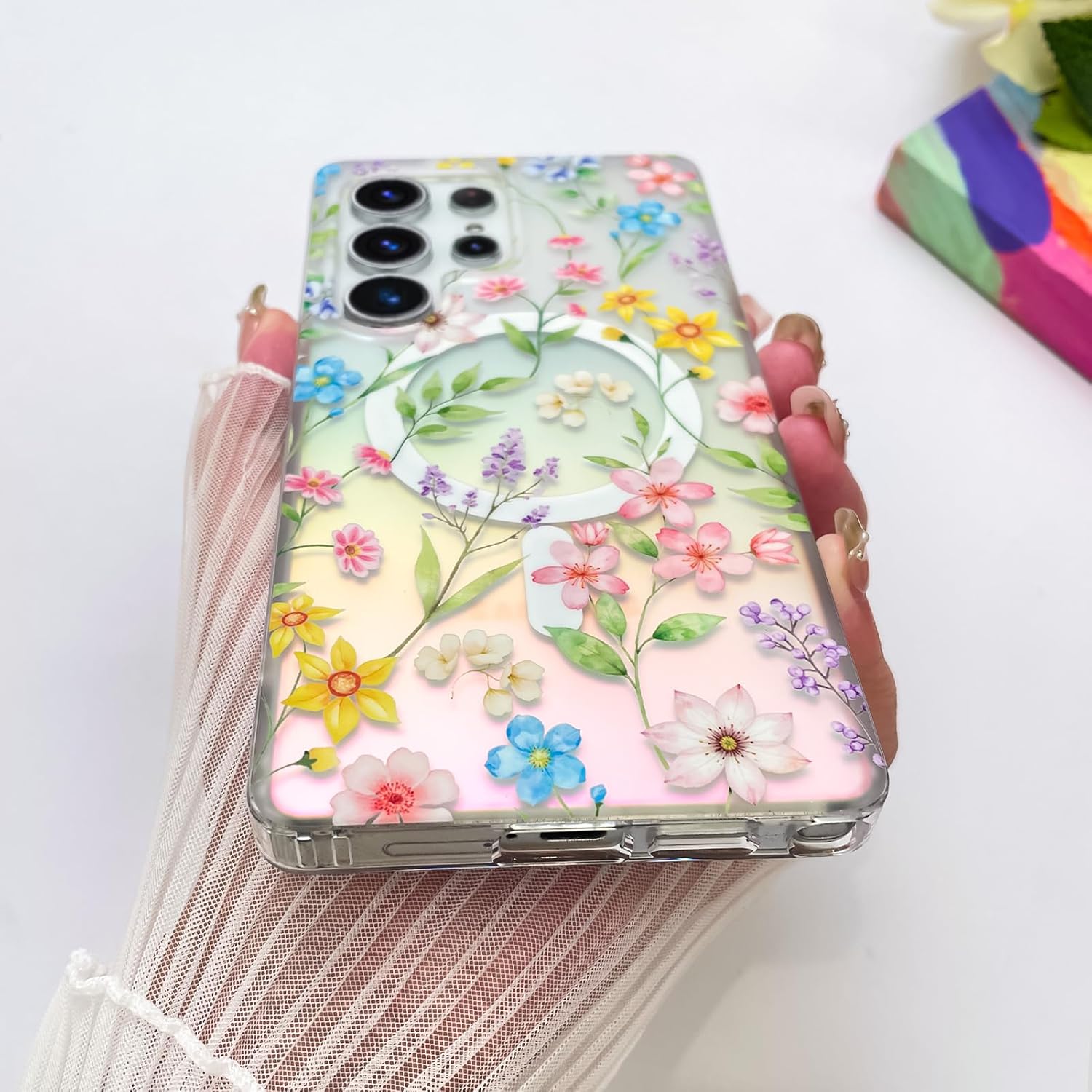 OOK Case for Samsung Galaxy S25 Ultra, Vibrant Floral Garden Design, Color-Shifting Iridescent Glow, Compatible with MagSafe - Fluorescent Glitter Bling Shockproof Magnetic Cover for Women Girls