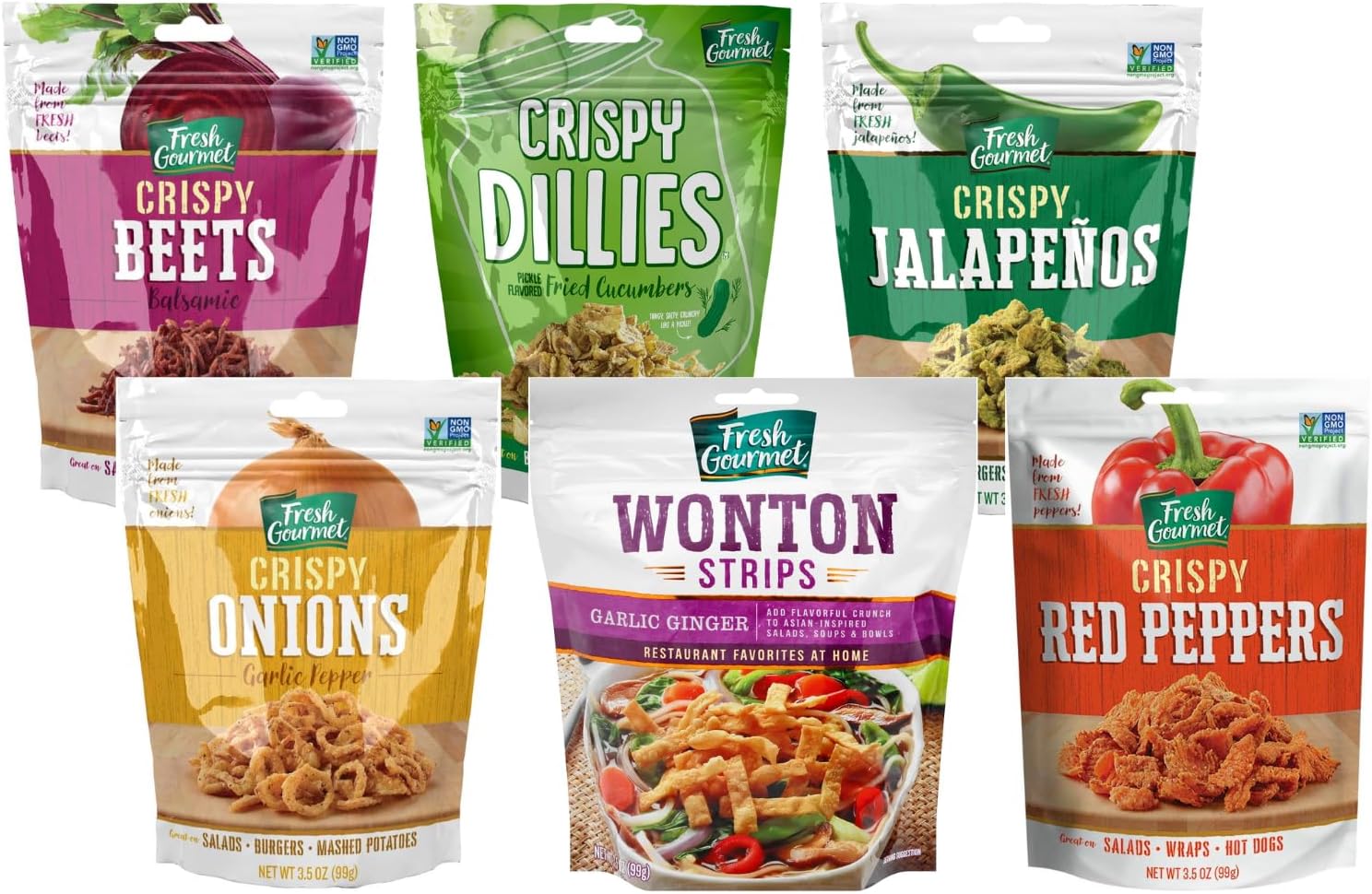 Fresh Gourmet Variety Pack of Crispy Toppings ā Beets, Dillies, JalapeƱos, Onions, Wonton Strips, and Red Peppers (6 Flavor Variety Pack)