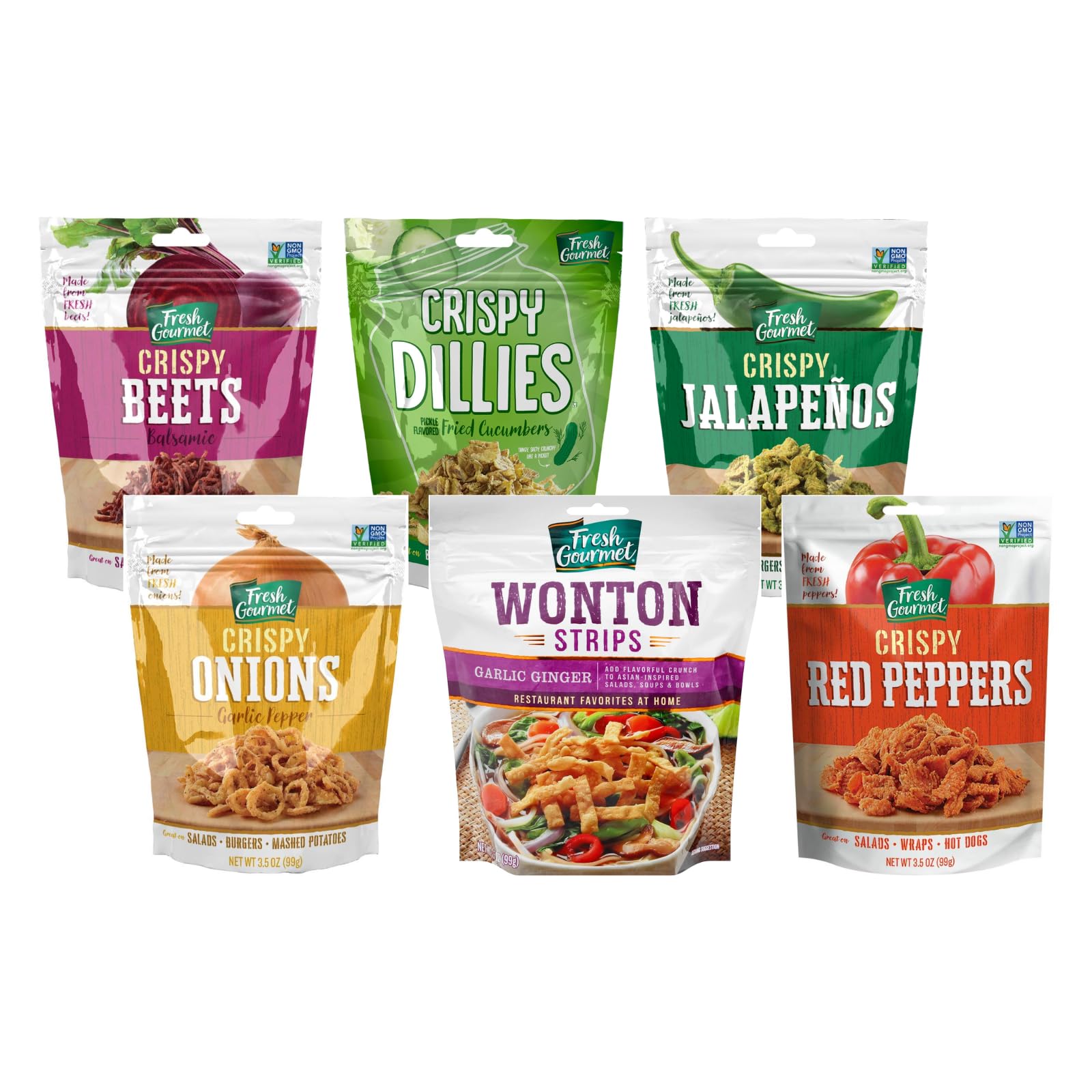 Fresh Gourmet Variety Pack of Crispy Toppings – Beets, Dillies, Jalapeños, Onions, Wonton Strips, and Red Peppers (6 Flavor Variety Pack)
