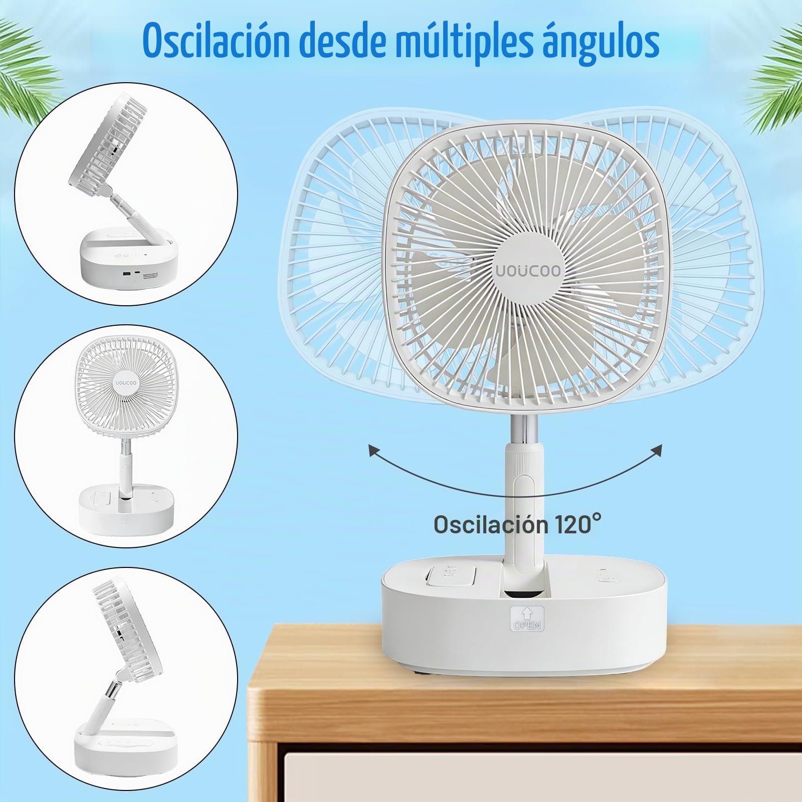 Ventilador de pie oscilante portátil, ventilador de pedestal plegable de 9 pulgadas, batería recargable de 7200 mAh, ventilador de suelo alimentado por USB, altura ajustable, 4 velocidades