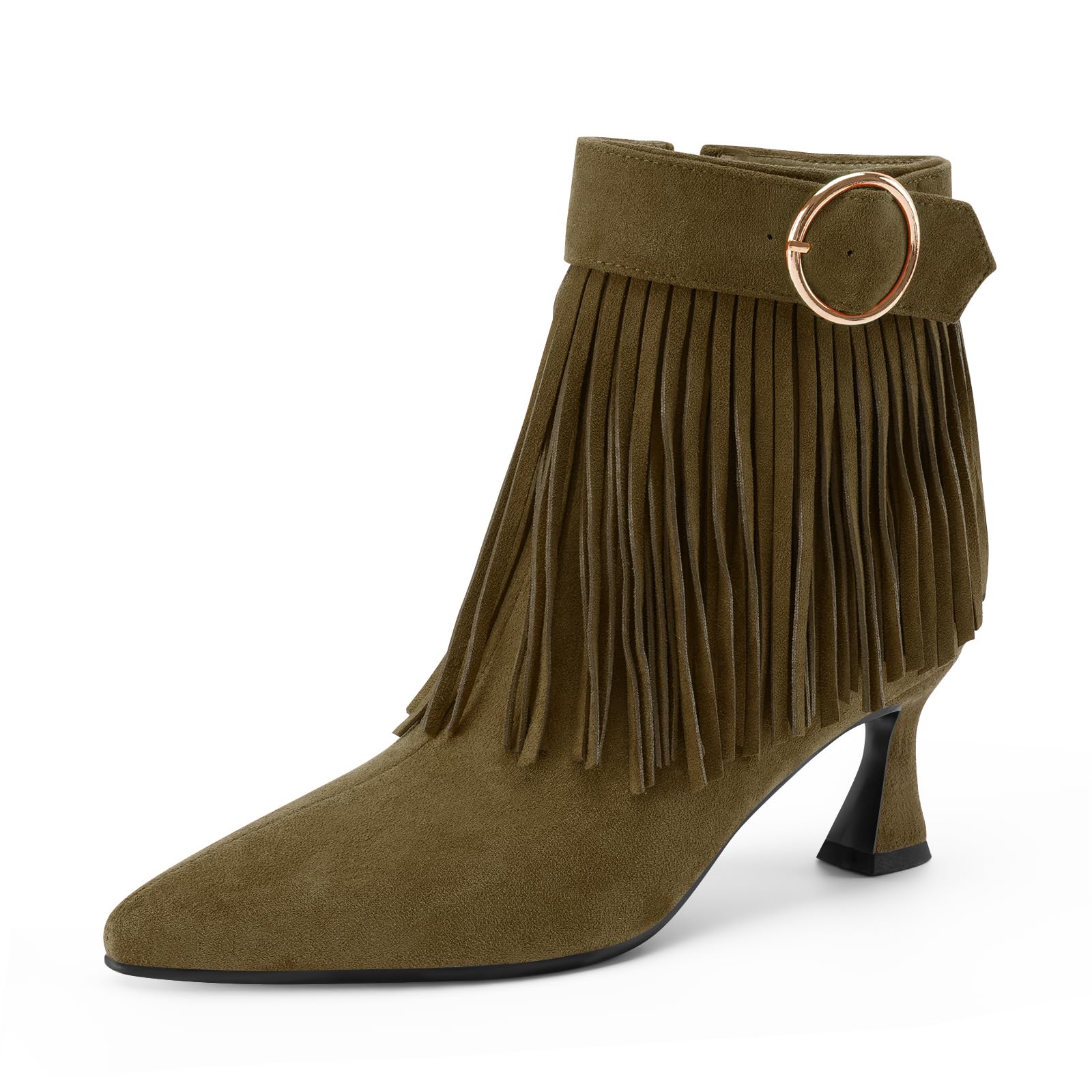 Womens Fringe Boots Kitten Heel Booties Black Pointed Toe Suede Ankle Short Boot with Side Zipper
