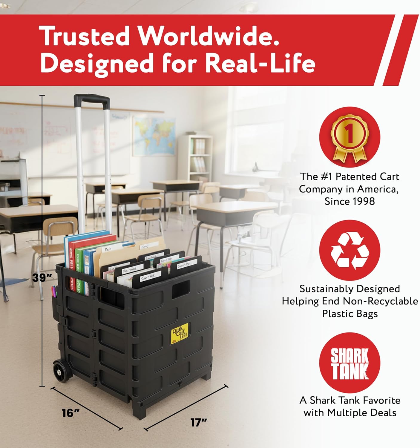 dbest products Quik Cart Pro Wheeled Rolling Crate Teacher Utility with seat Heavy Duty Collapsible Basket with Handle, Aluminum, Black