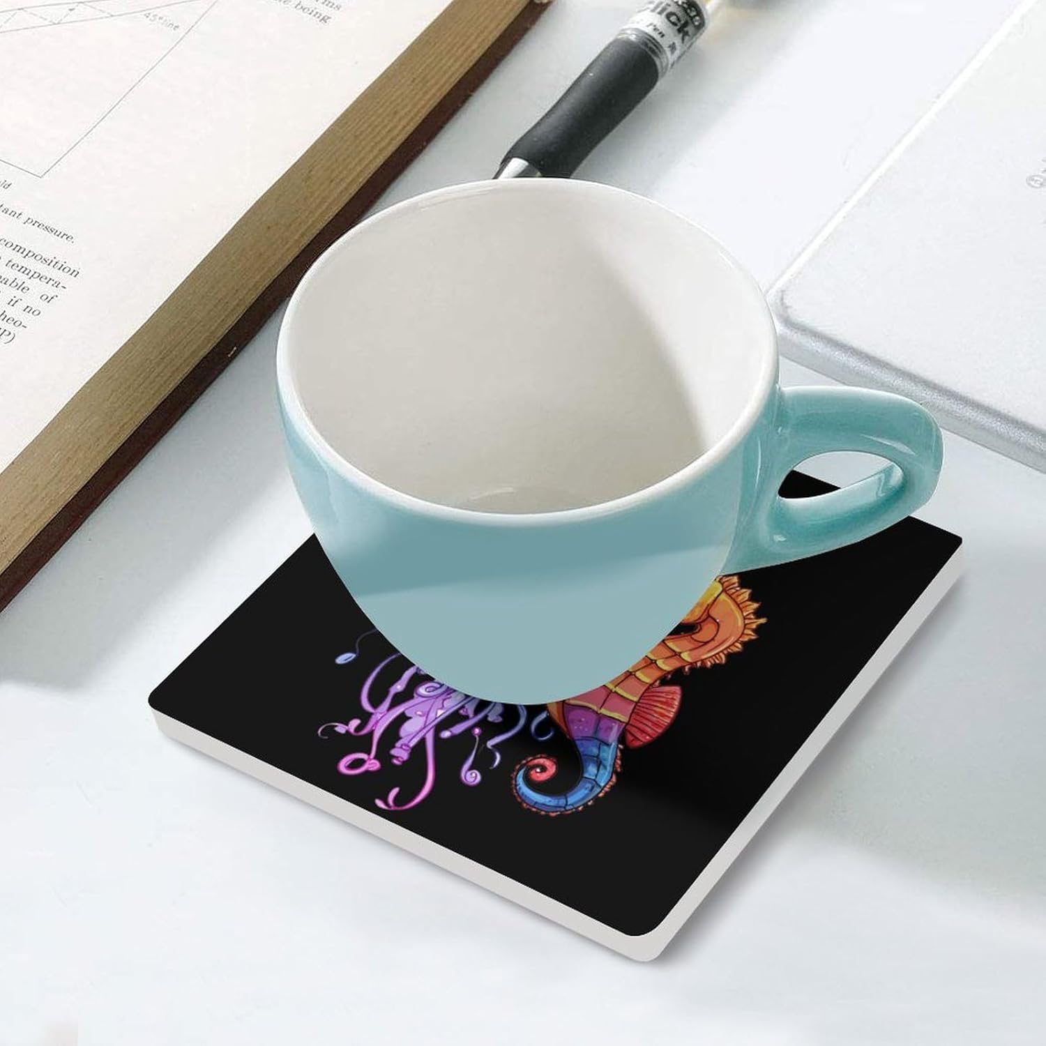 Sea Animal Sea Horse Jellyfish Coaster for Drinks Square Ceramic Table Coasters Stone Mat Crafts 6PCS Home Kitchen Decor