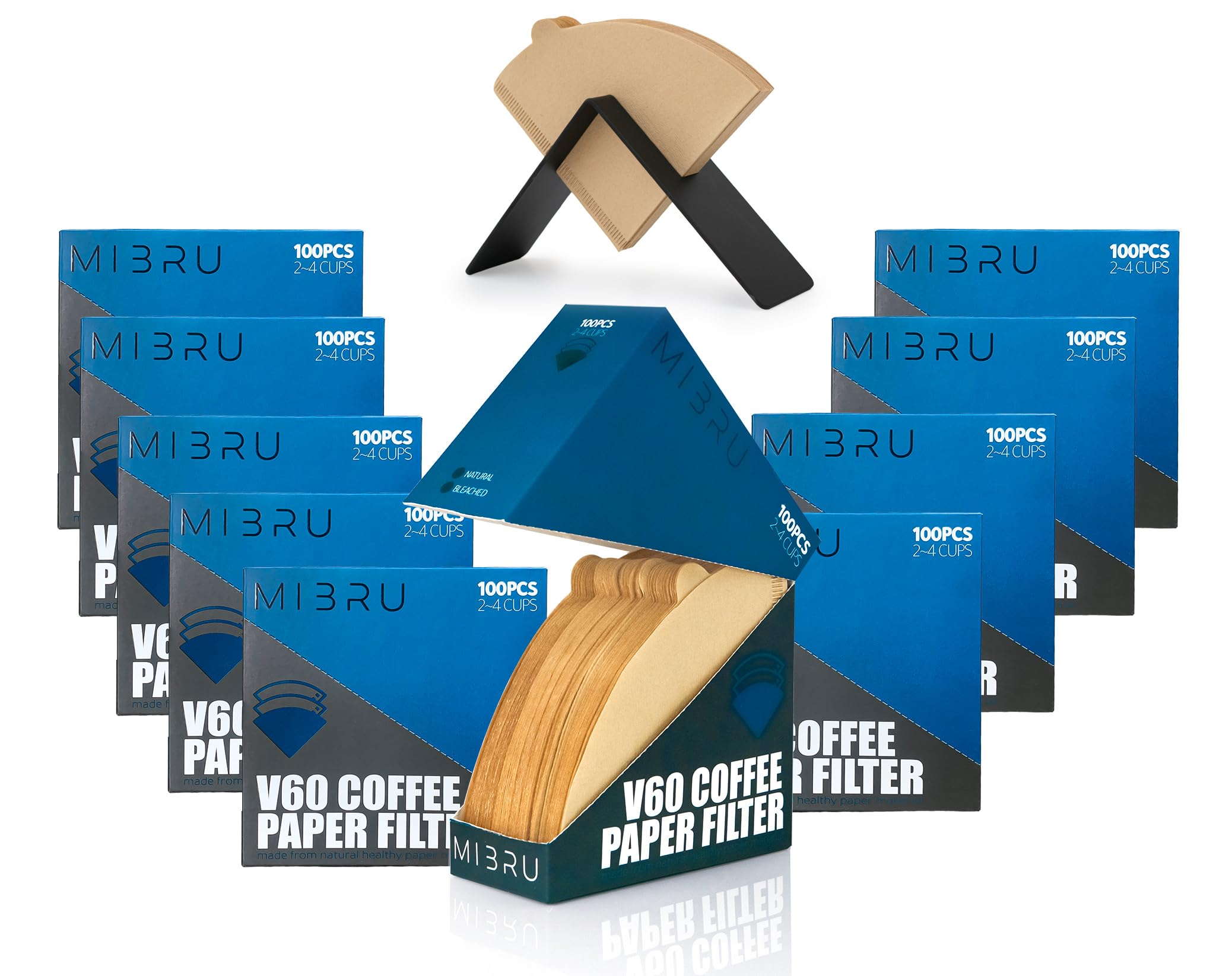MIBRU Coffee Filters V60 Cone Paper Brown Natural 1000pcs Coffee Filters Disposable 2-4 Cups Natural Unbleached Coffee Filter Paper,Coffee Filter Holder Metal,Compatible with V60 Pour Over Drippers