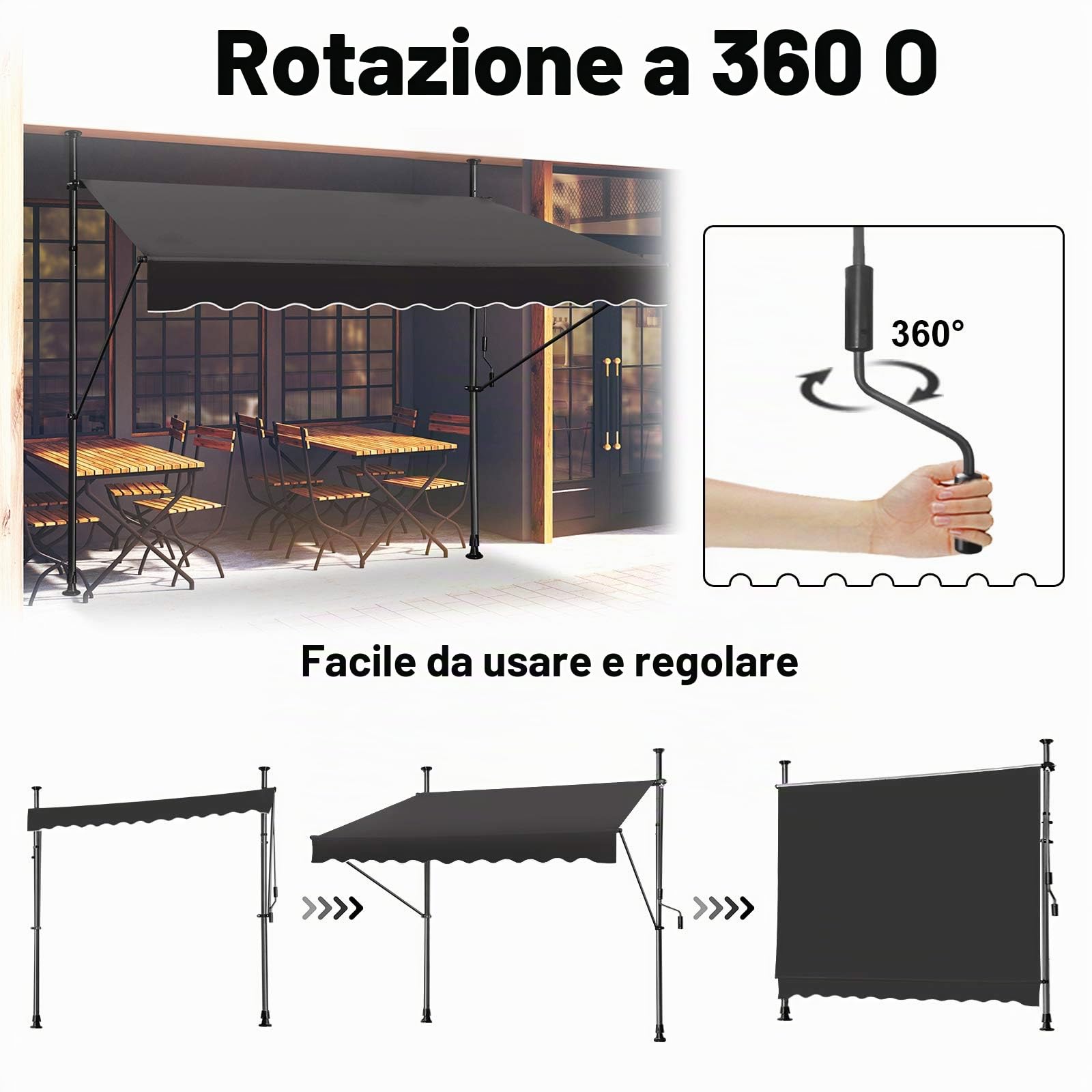 LZQ - Tenda da sole a clip per balcone, tenda retrattile manuale, manovella, regolabile in altezza, resistente ai raggi UV, senza fori, 100% poliestere, grigio scuro, 200 x 120 cm