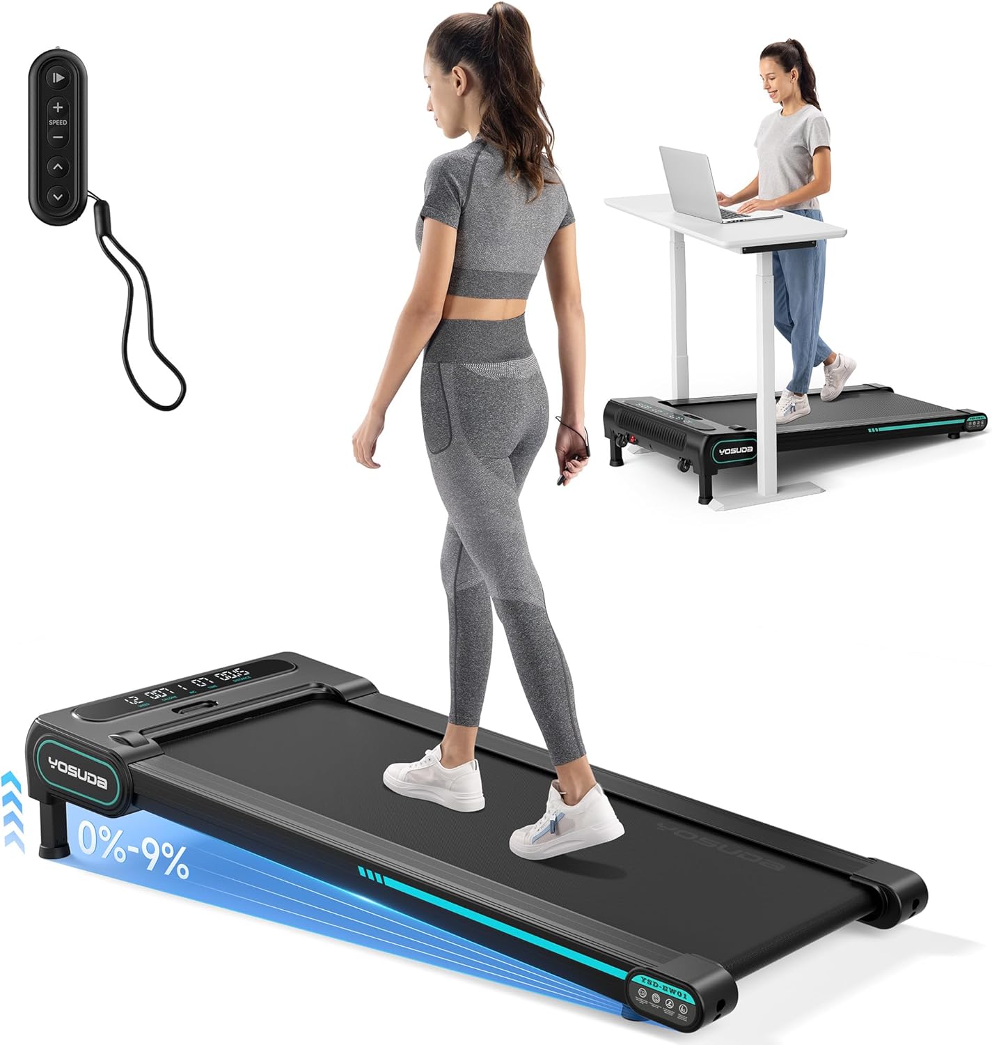 YOSUDA Walking Pad Treadmills with Auto Incline, 9% Incline Tredamills Under Desk with 300LBS Weight Capacity & 3 Adjustable Slopes