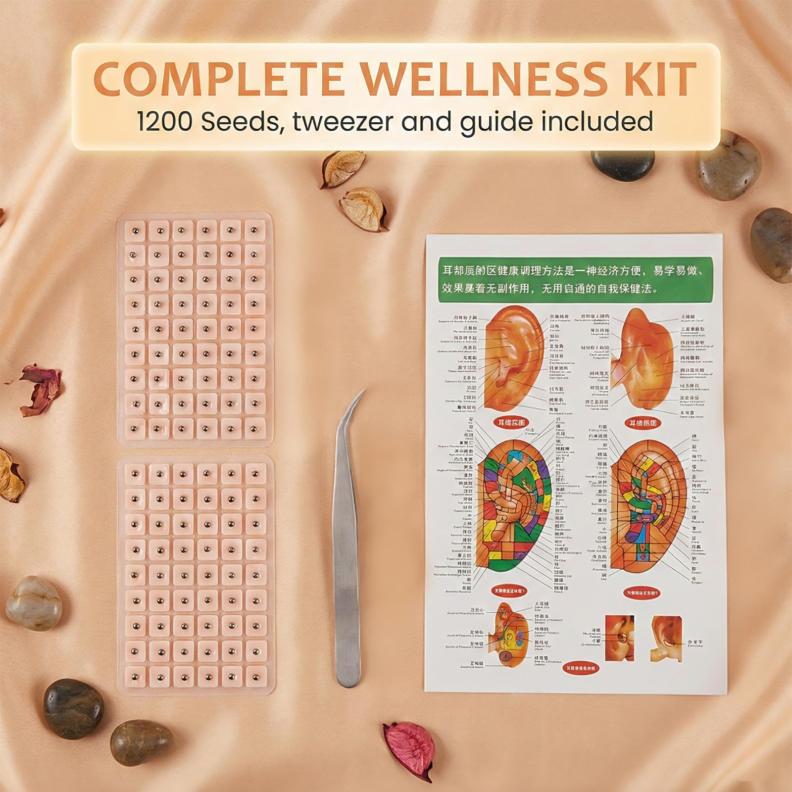 1200 Stück Akupunkturpflaster, Ear Seeds mit Pinzette & Akupressur-Karte, Ohrakupunktur Pflaster für Wellness & Entspannung, Hautfreundlich & Atmungsaktiv, Natürliche Gesundheitsvorsorge