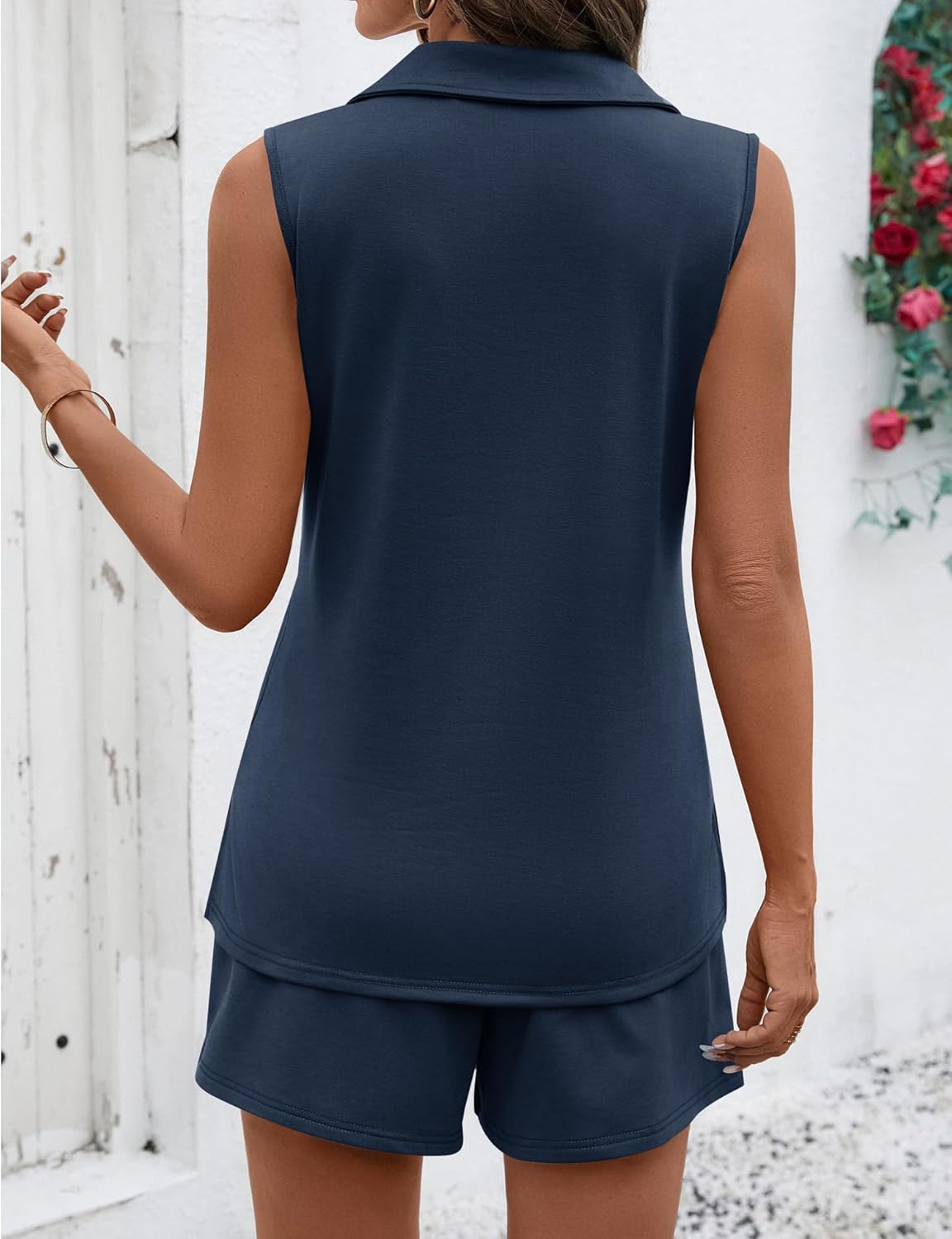 Rapbin Two Piece Short Sets for Women Sleeveless Matching Lounge Set V Neck Tops and Drawstring Shorts Summer Outfits - Image 5